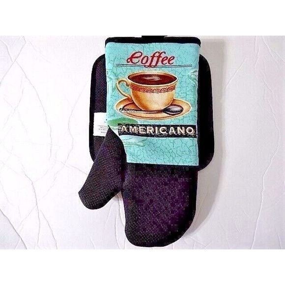Atelier Americano Coffee Cup Saucer Oven Mitt Potholder Blue Black Silicone Grip - Picture 2 of 2